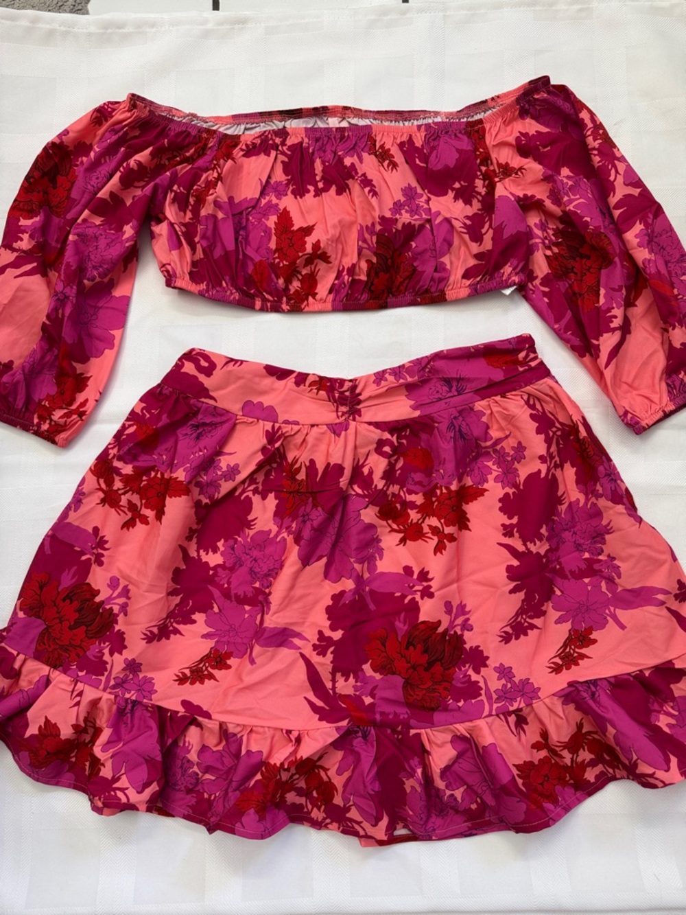 SHEIN Pink & Magenta Floral Off-Shoulder Crop Top and Ruffle Skirt Set